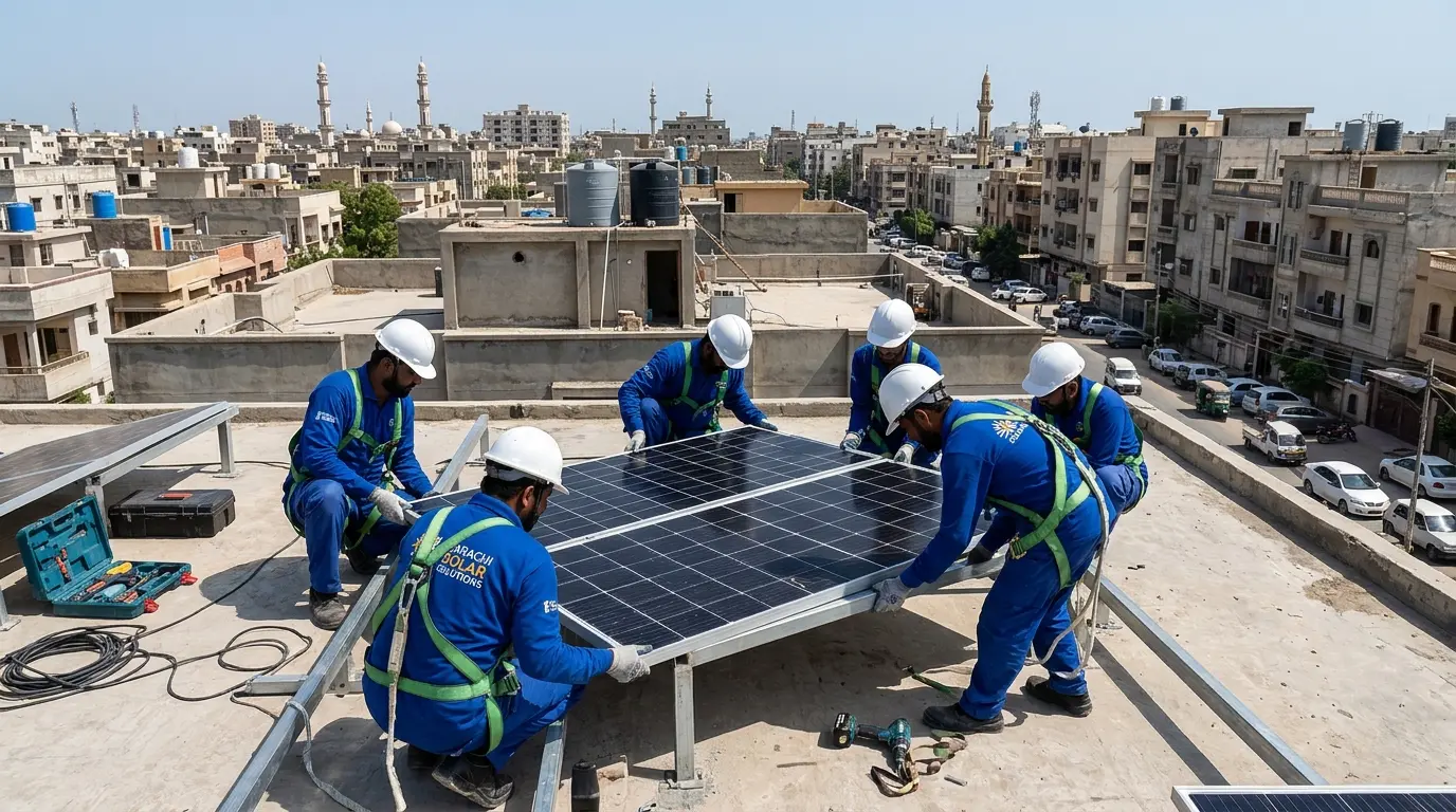 Solar panel installation team working on a rooftop in Karachi, Pakistan
